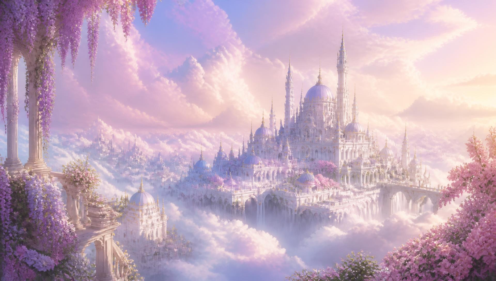 GlowCity en journée, cité de marbre blanc au-dessus des nuages pastel